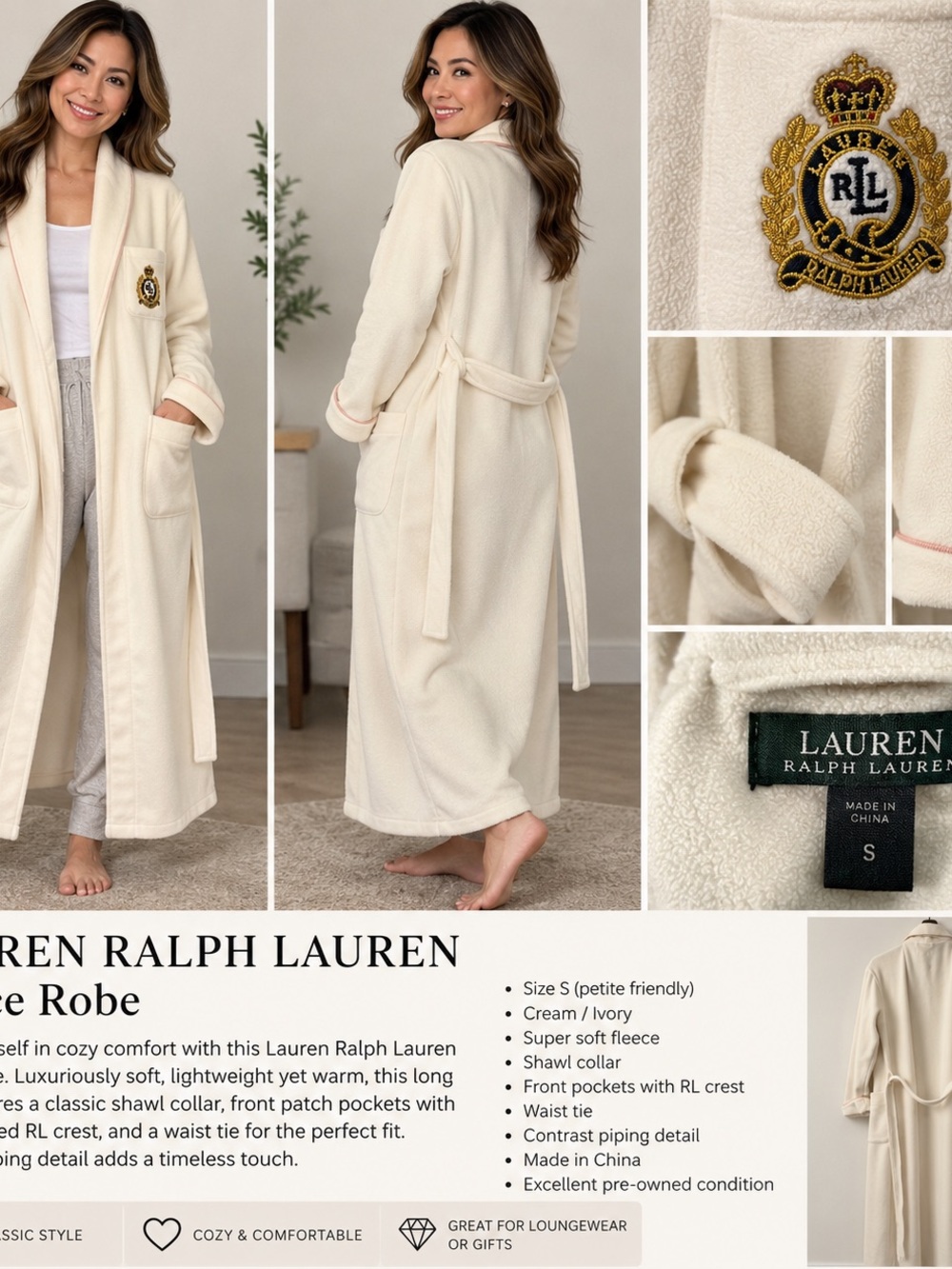 Ralph Lauren Cream/Ivory Fleece Shawl-Collar Robe with RL Crest